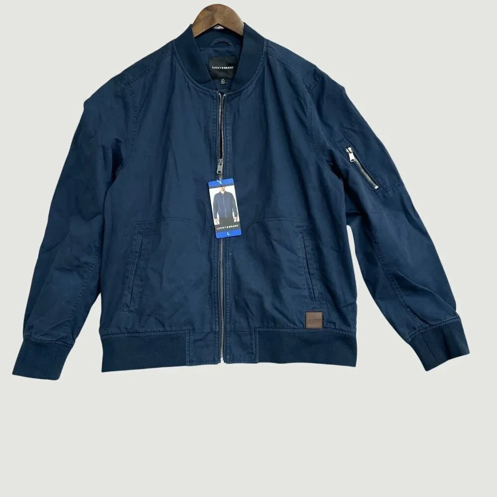 Lucky Brand Men's L Navy Bomber Jacket Full Zip Cotton N0110
